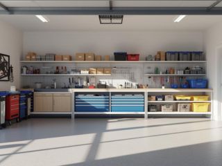 Perfectly Organized Custom Garage in Coppell, TX Modern organized garage with custom storage cabinets and tool racks in Coppell, TX